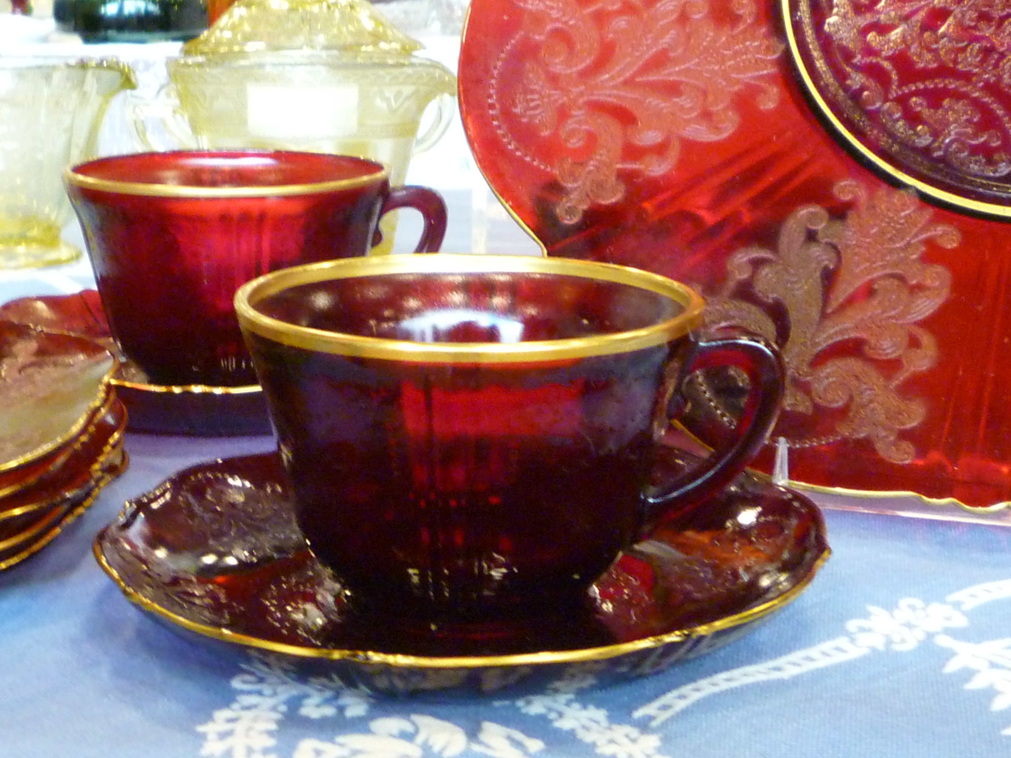 Oyster and Pearl royal ruby red depression glass bowl, bonbon dish